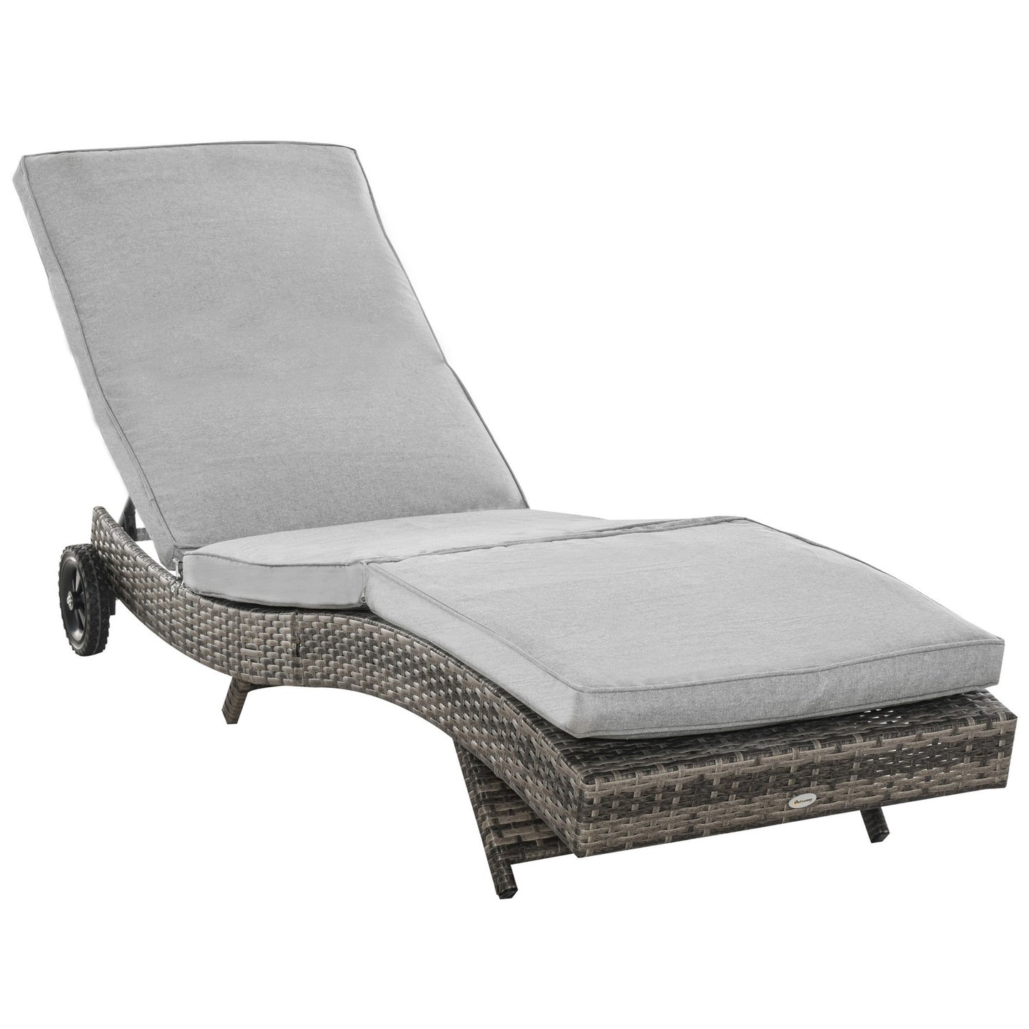 Adjustable sun lounger in poly rattan with cushion, grey