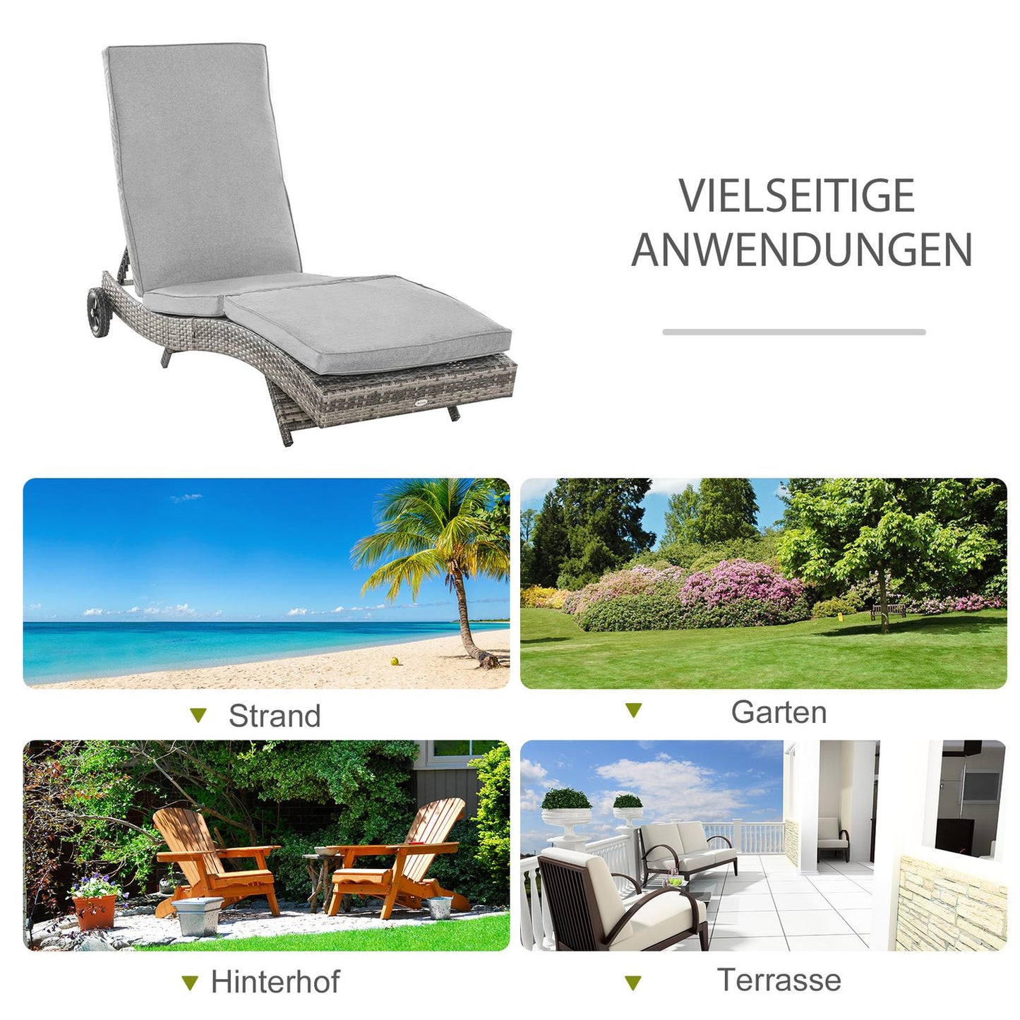 Adjustable sun lounger in poly rattan with cushion, grey