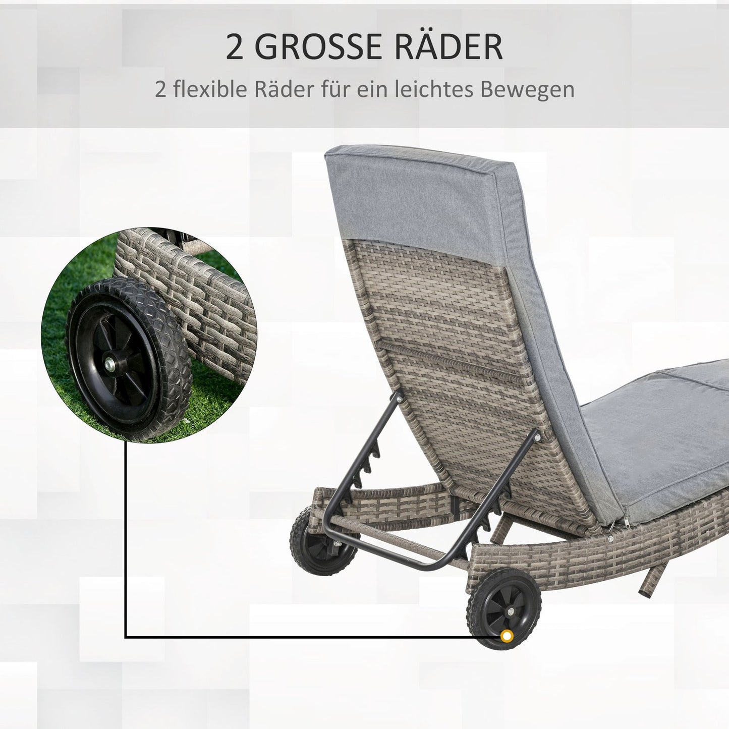 Adjustable sun lounger in poly rattan with cushion, grey