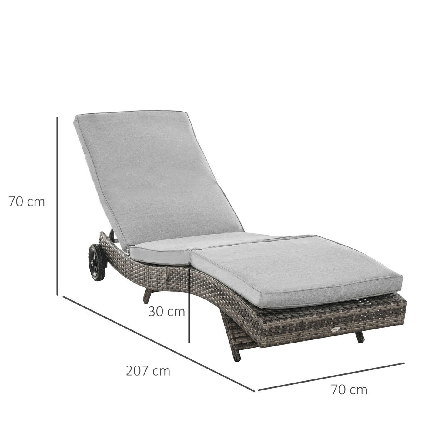 Adjustable sun lounger in poly rattan with cushion, grey