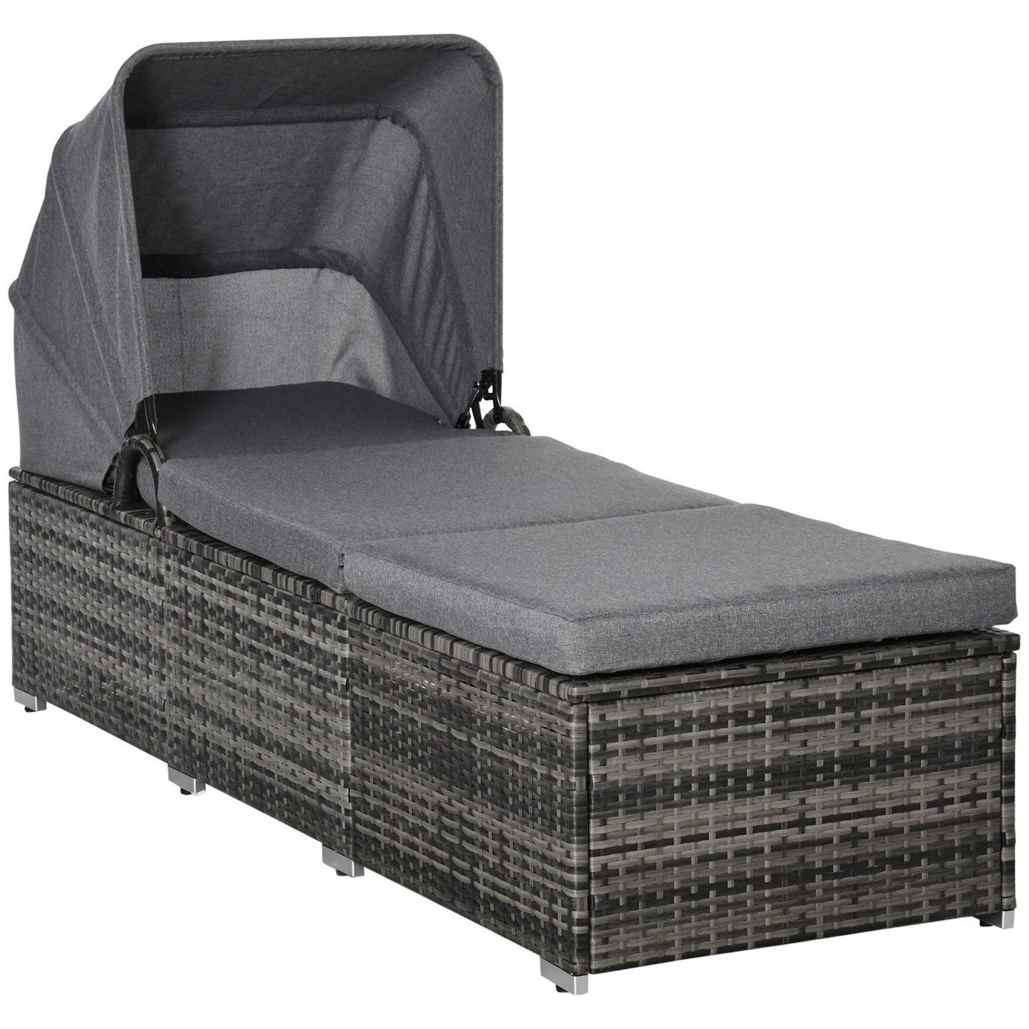 Sun lounger in rattan with canopy and cushion, Gray 195 x 65 cm