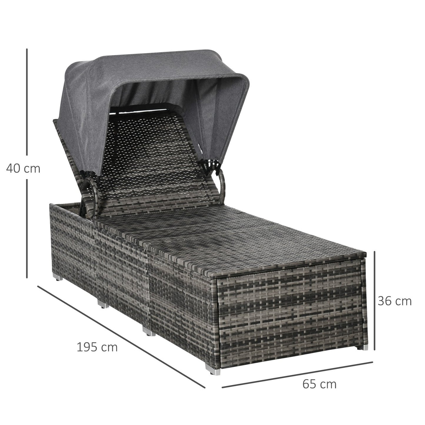 Sun lounger in rattan with canopy and cushion, Gray 195 x 65 cm
