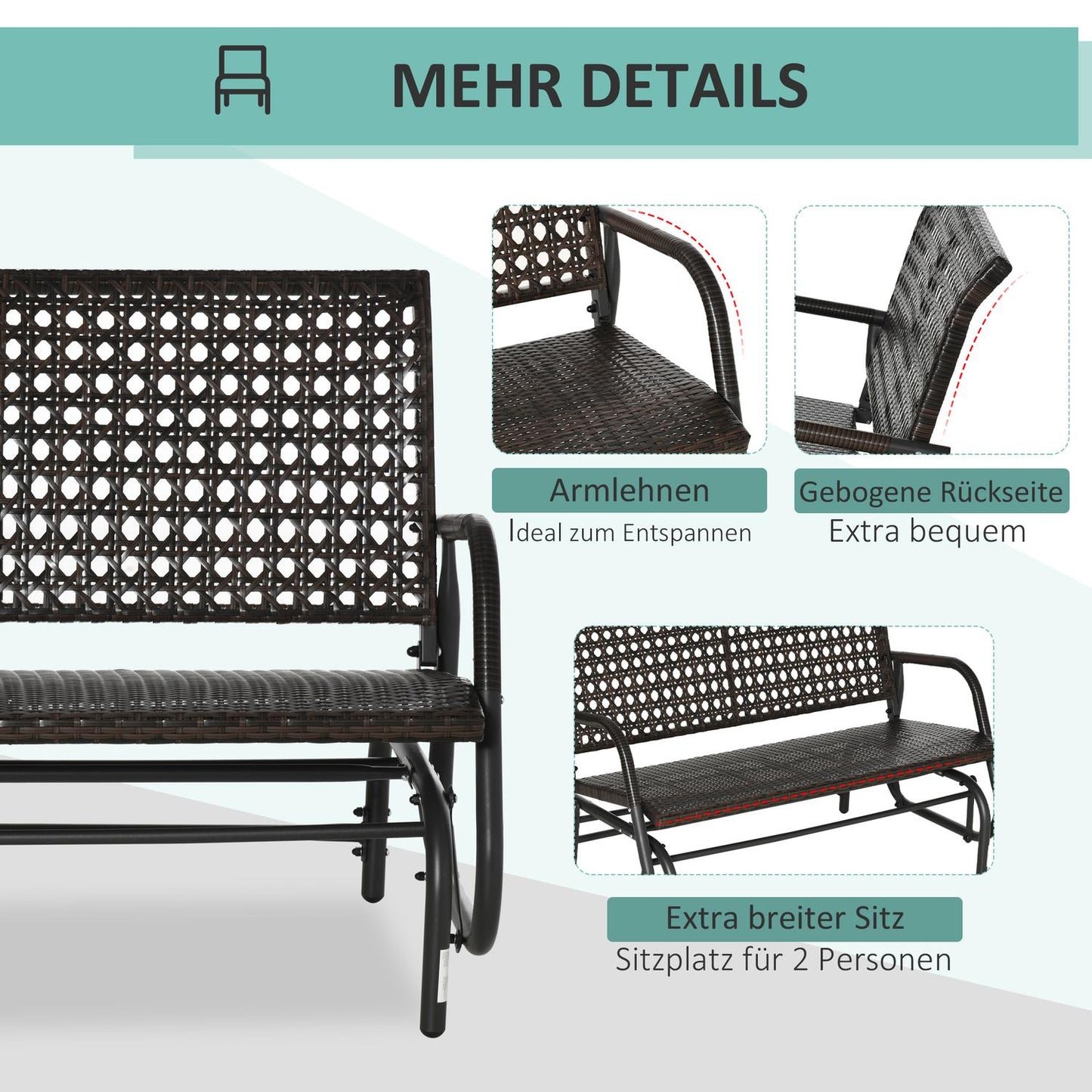 Outdoor 2-seater polyrattan swivel bench with backrest