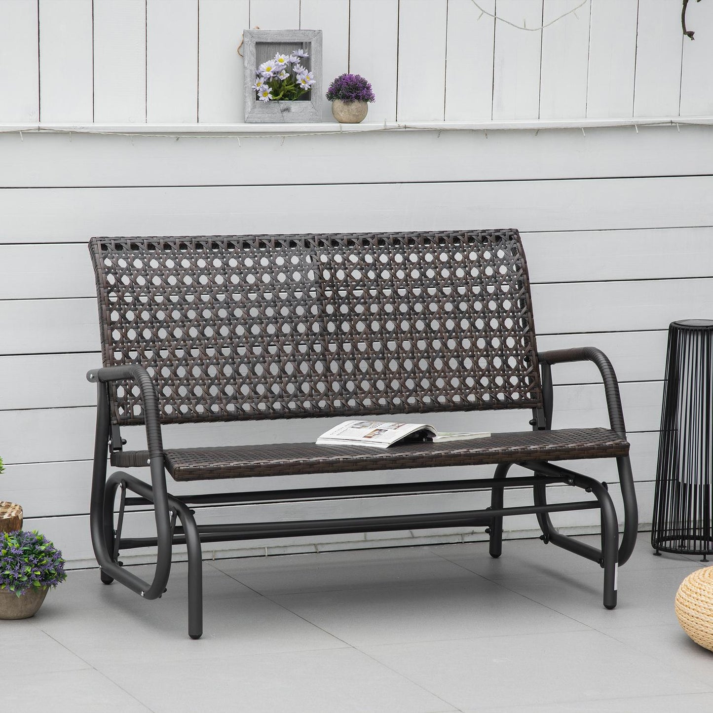 Outdoor 2-seater polyrattan swivel bench with backrest