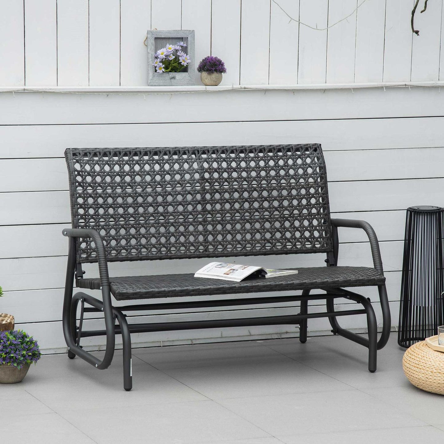 Outdoor poly rattan rocking bench, 2-seater, grey, 70x120x84 cm