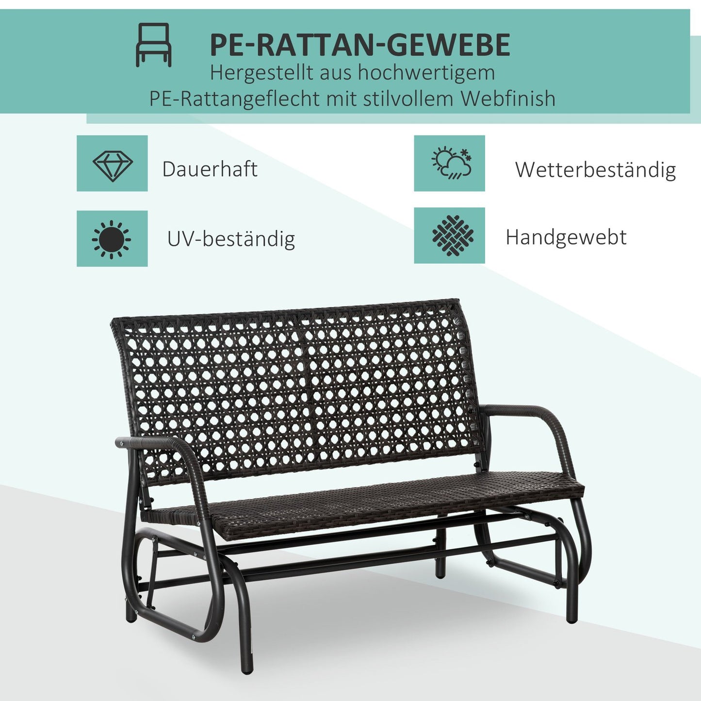 Outdoor poly rattan rocking bench, 2-seater, grey, 70x120x84 cm