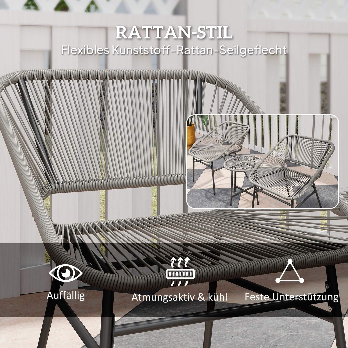 Outdoor poly rattan lounge set, weatherproof, 3-piece, dark grey