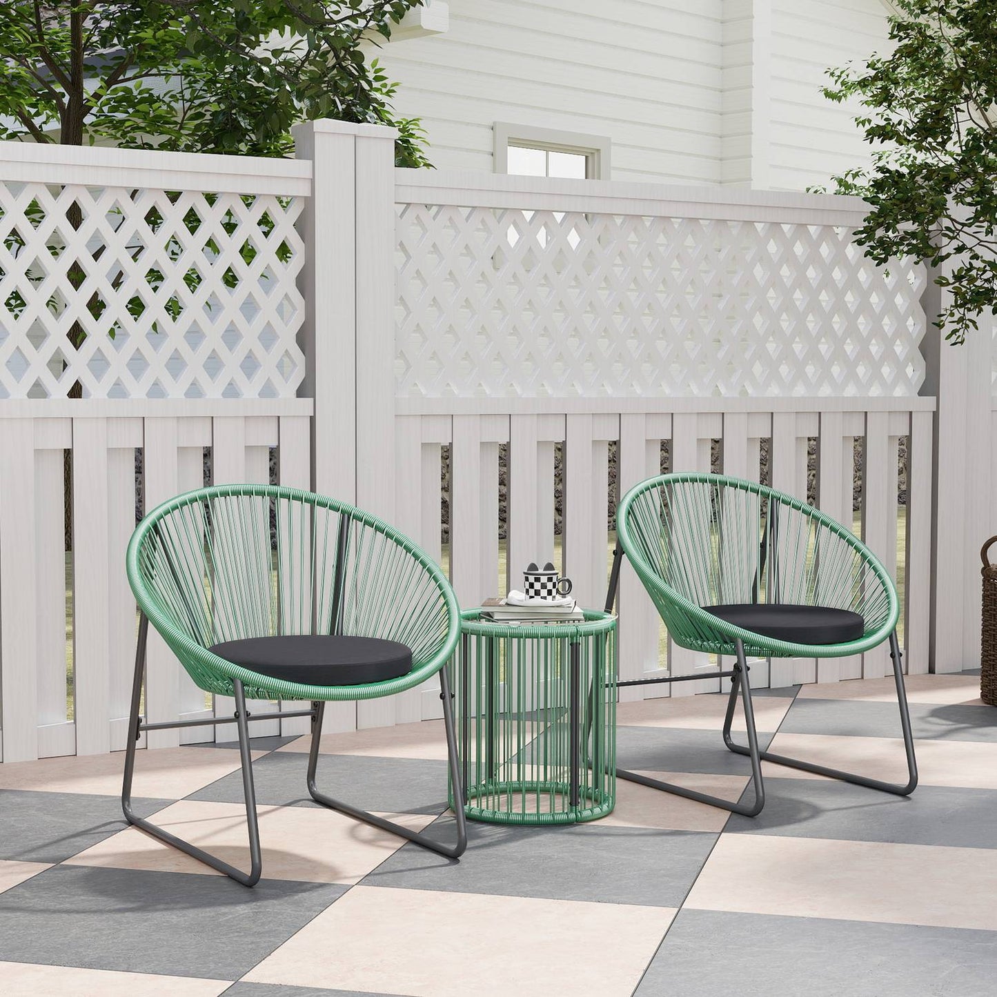 Polyrattan 3-piece Outdoor Lounge Set, green cushions