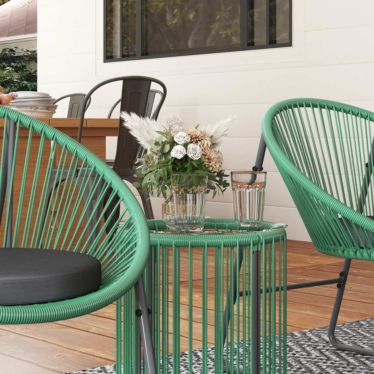 Polyrattan 3-piece Outdoor Lounge Set, green cushions