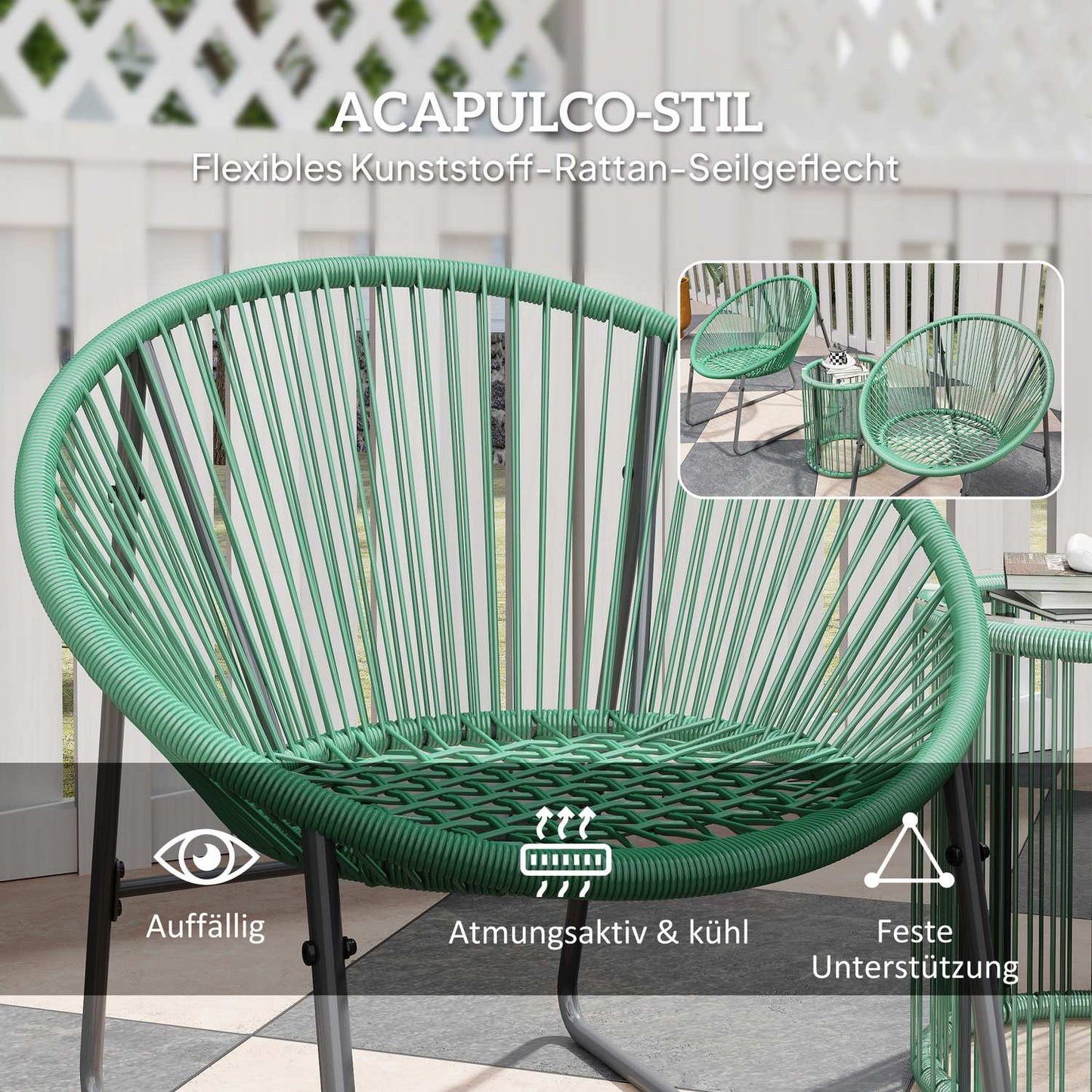 Polyrattan 3-piece Outdoor Lounge Set, green cushions