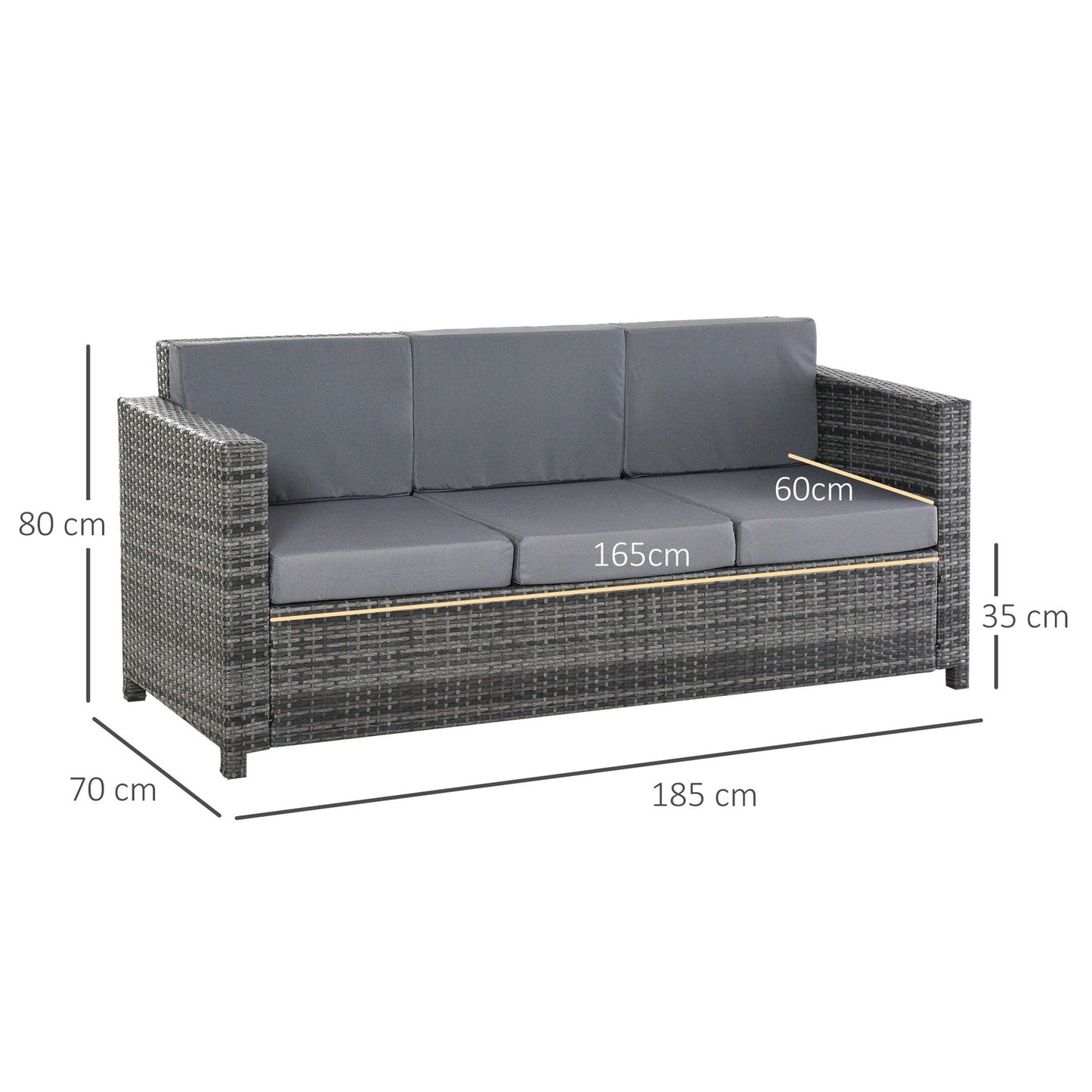 3 Seater Poly Rattan Garden Sofa with Cushions - Grey