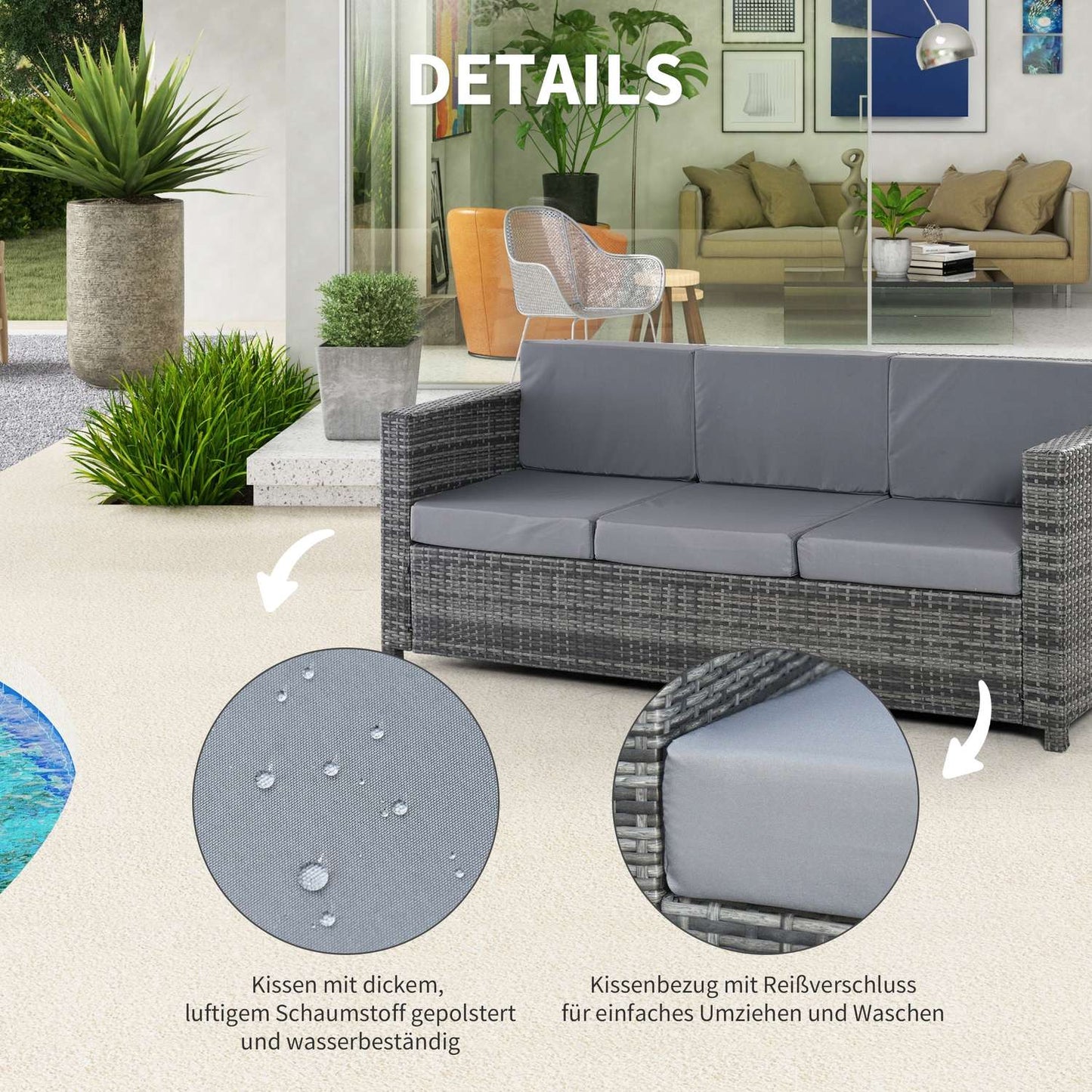 3 Seater Poly Rattan Garden Sofa with Cushions - Grey