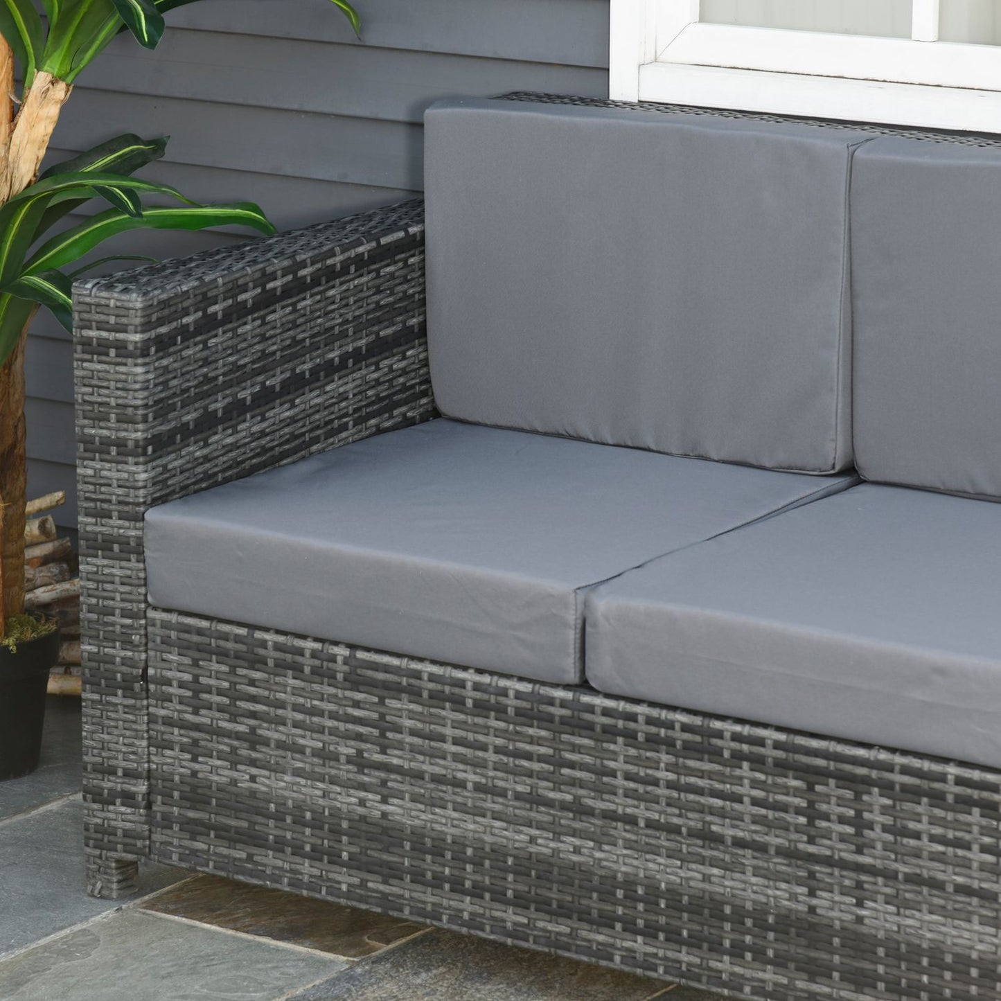 3 Seater Poly Rattan Garden Sofa with Cushions - Grey