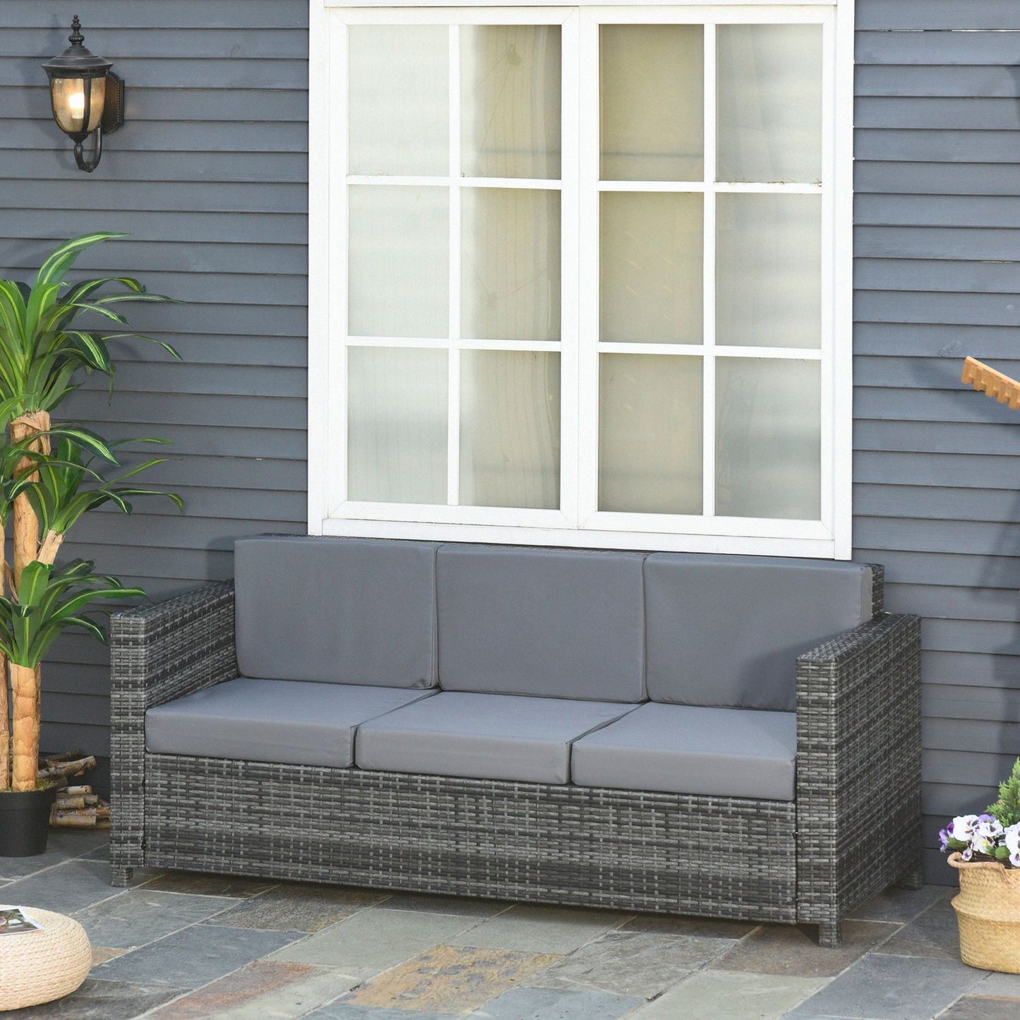 3 Seater Poly Rattan Garden Sofa with Cushions - Grey