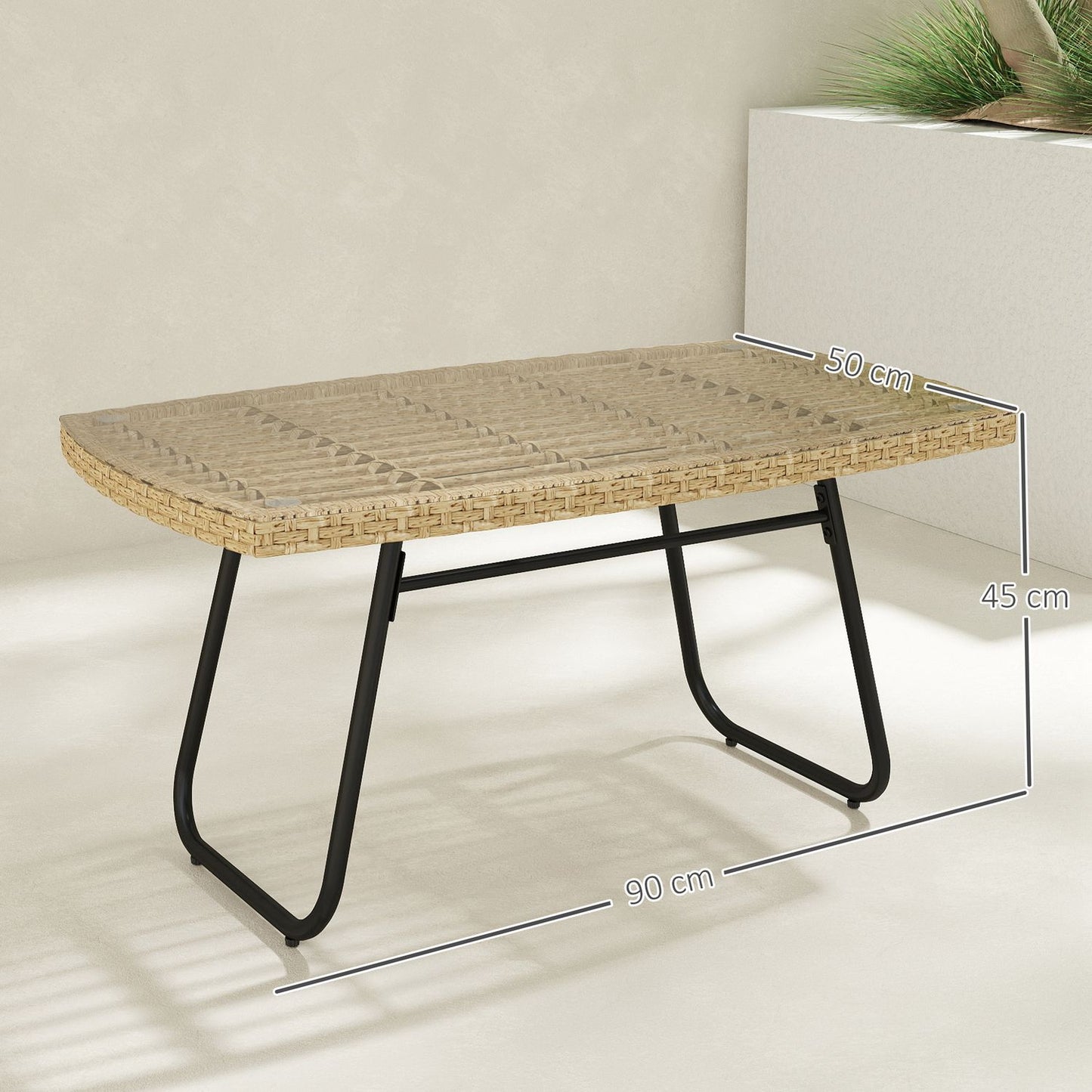 Outdoor poly rattan side table, UV resistant, glass top