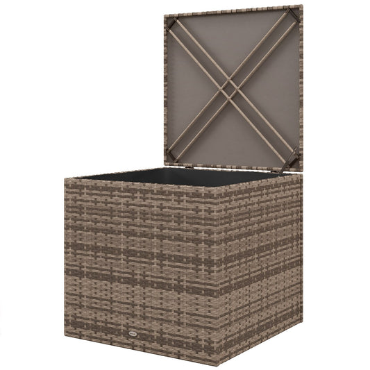 Weather-resistant storage box in poly rattan with auto-lift lid