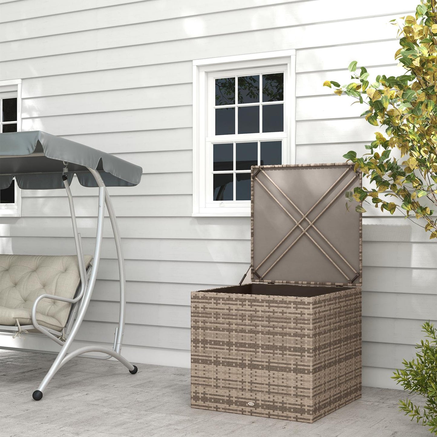 Weather-resistant storage box in poly rattan with auto-lift lid