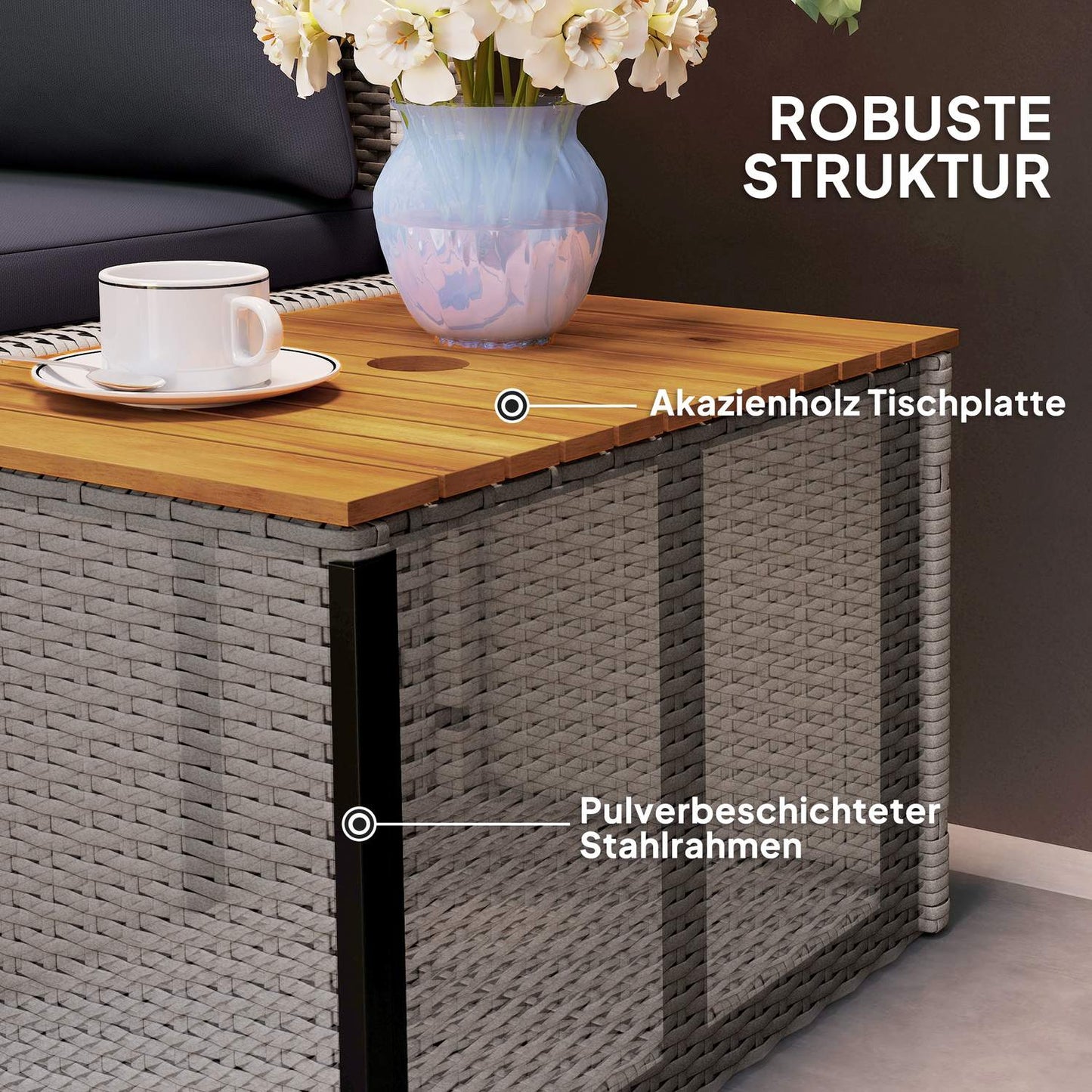 Double sun lounger, weatherproof gray poly rattan with umbrella hole