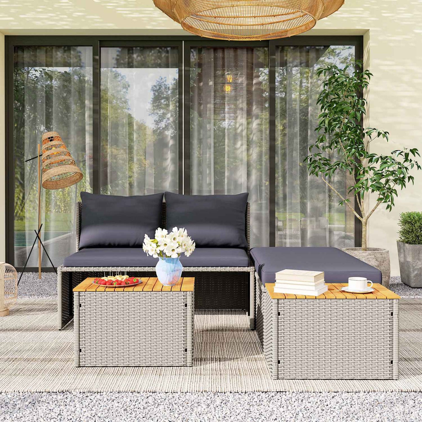 Double sun lounger, weatherproof gray poly rattan with umbrella hole