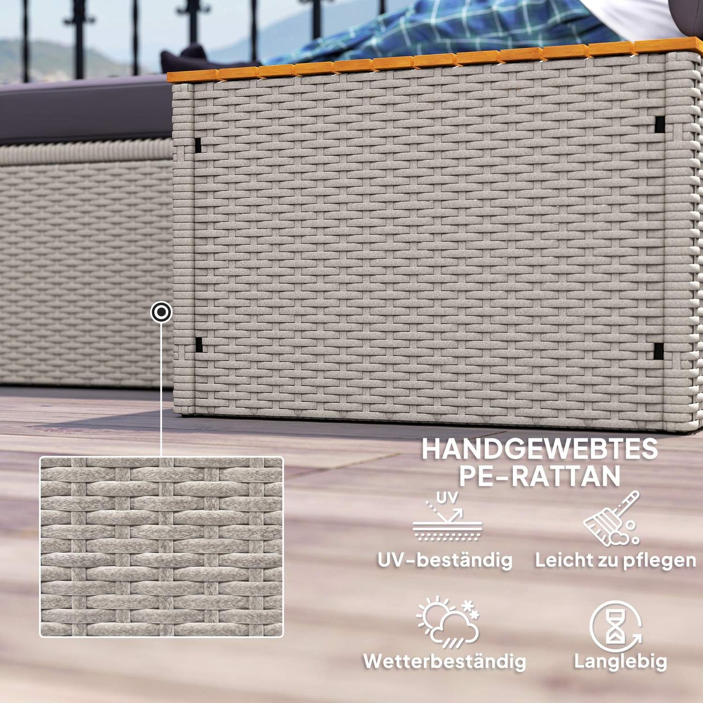 Double sun lounger, weatherproof gray poly rattan with umbrella hole