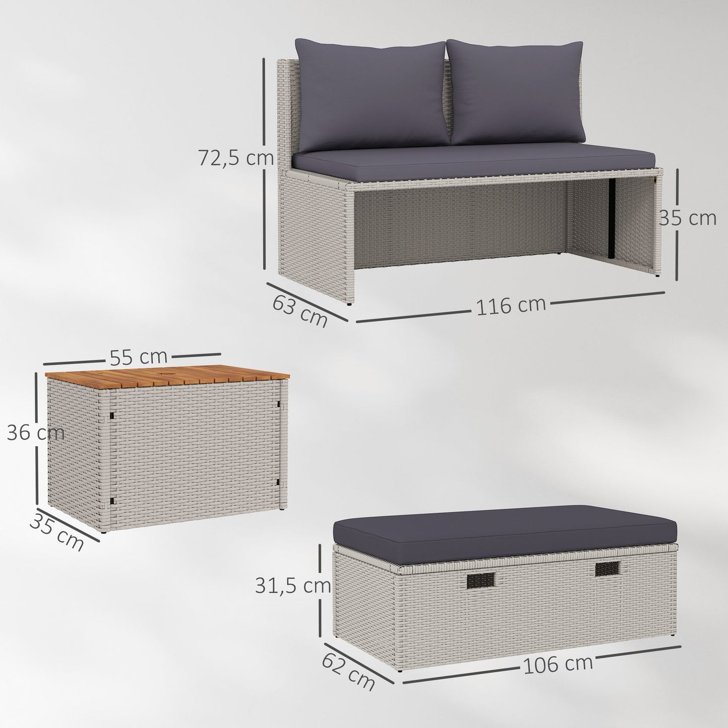 Double sun lounger, weatherproof gray poly rattan with umbrella hole