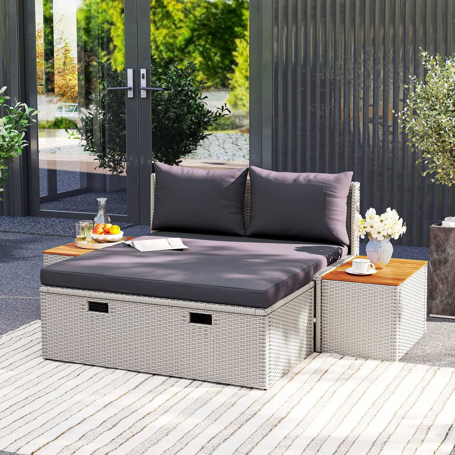 Double sun lounger, weatherproof gray poly rattan with umbrella hole