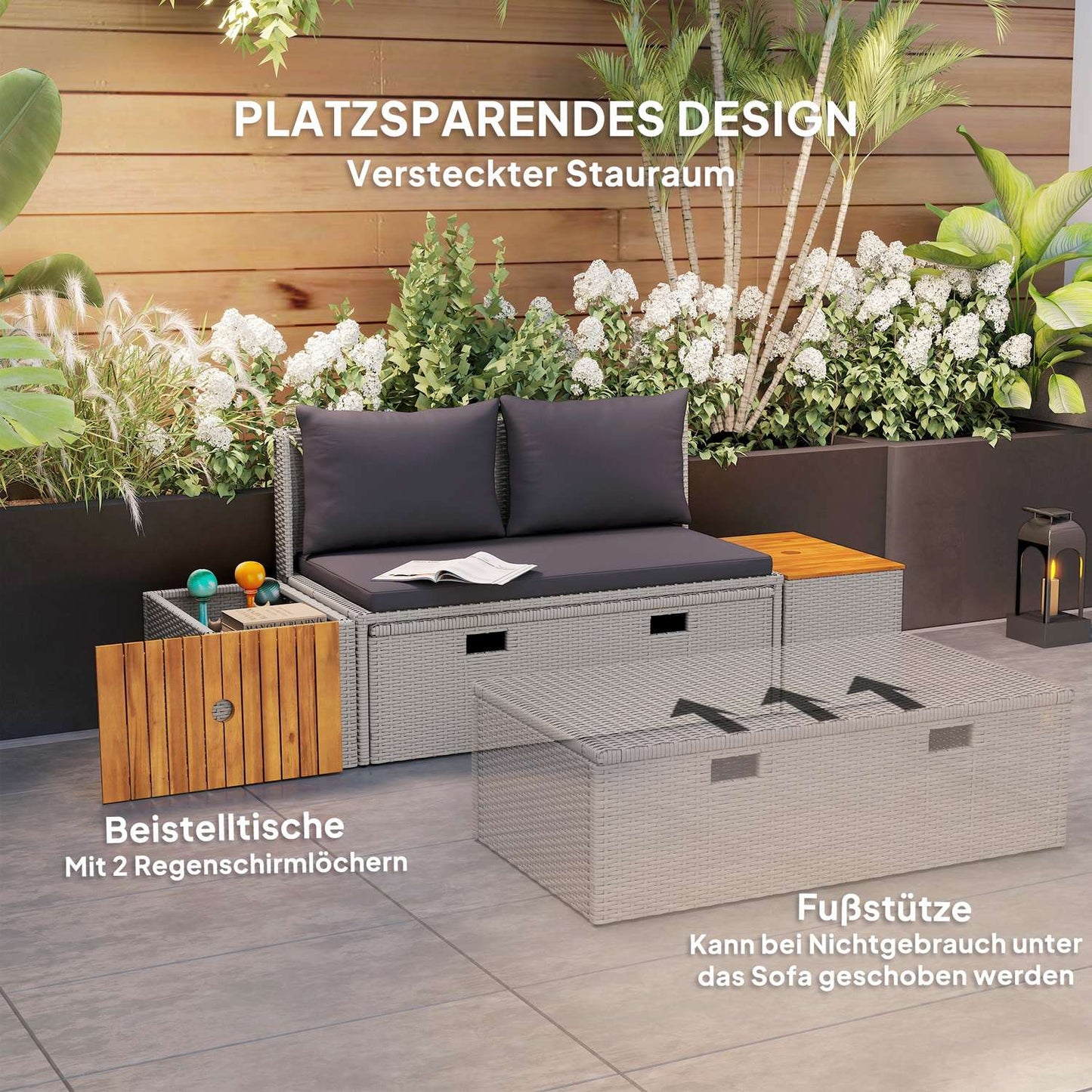 Double sun lounger, weatherproof gray poly rattan with umbrella hole