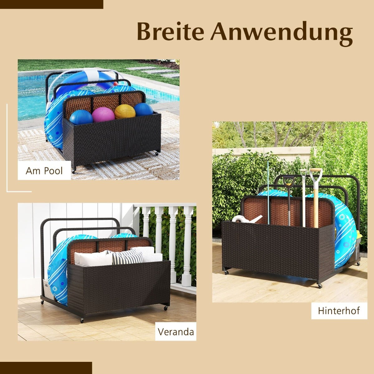 Pool Storage Basket with Wheels, PE Rattan, 2 Compartments