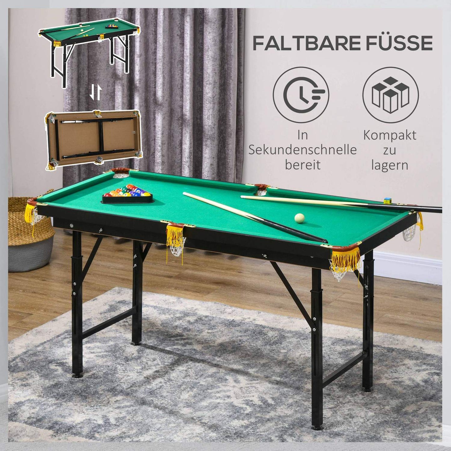 Folding 4.6ft Green Pool Table Set for Adults and Youth