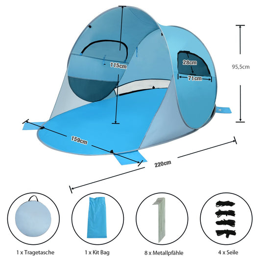 Pop Up Beach Shelter 3-4 Person Beach Tent Sun Protection Throw Tent for Outdoor Blue