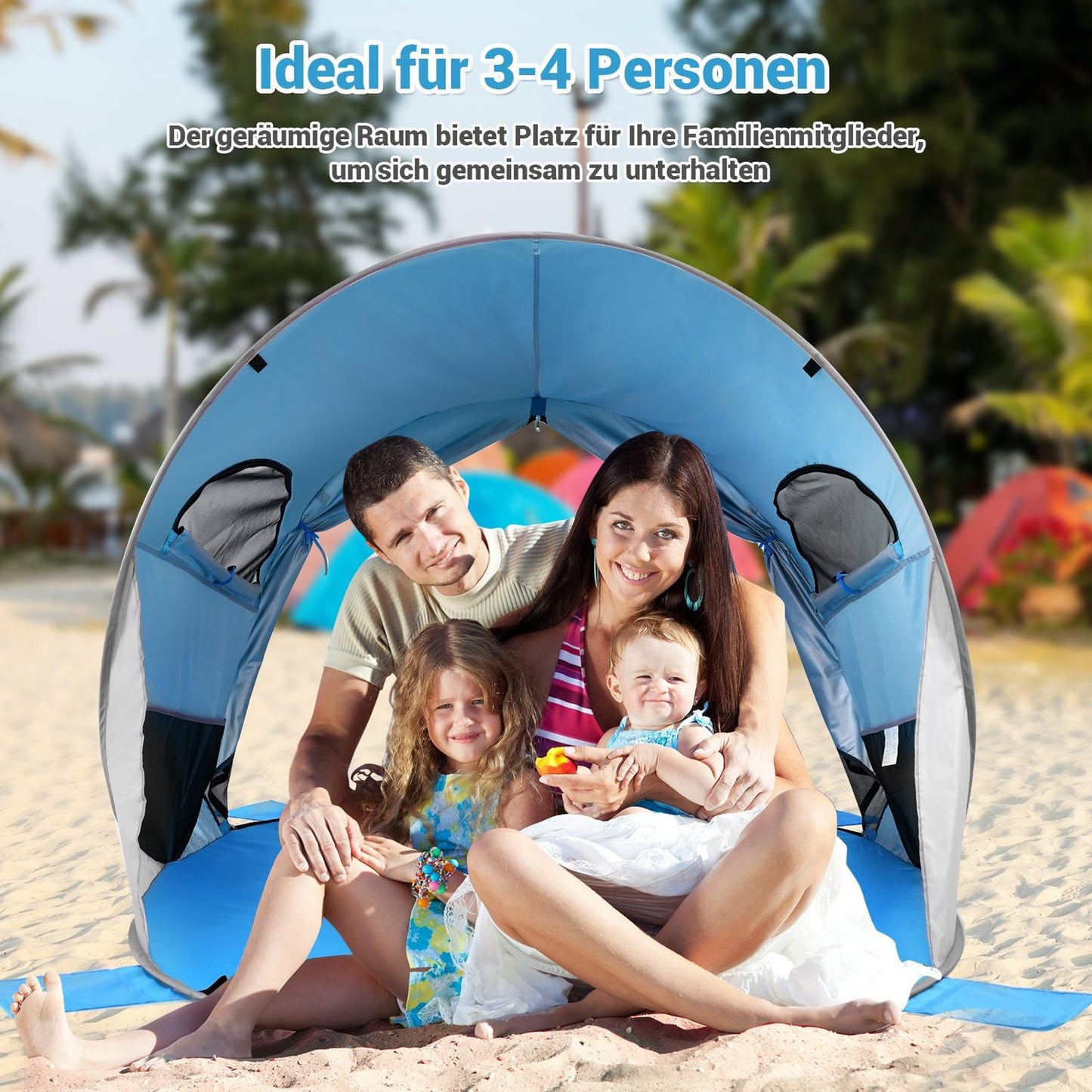 Pop Up Beach Shelter 3-4 Person Beach Tent Sun Protection Throw Tent for Outdoor Blue