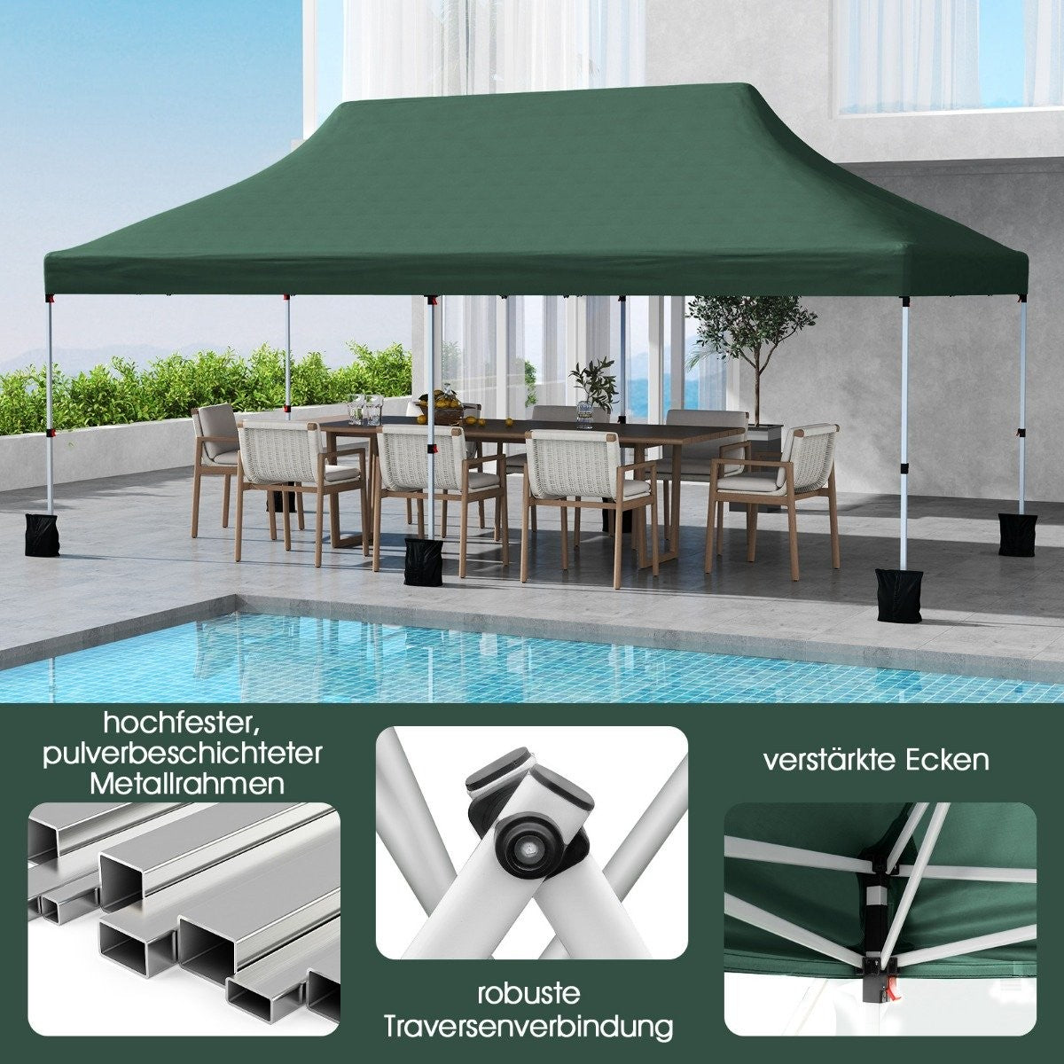 Pop-Up Canopy Tent 300x600 cm, Adjustable Height, Green