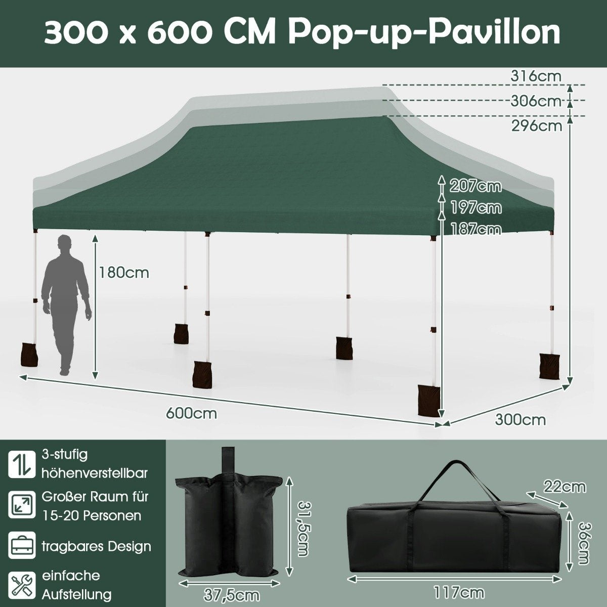 Pop-Up Canopy Tent 300x600 cm, Adjustable Height, Green