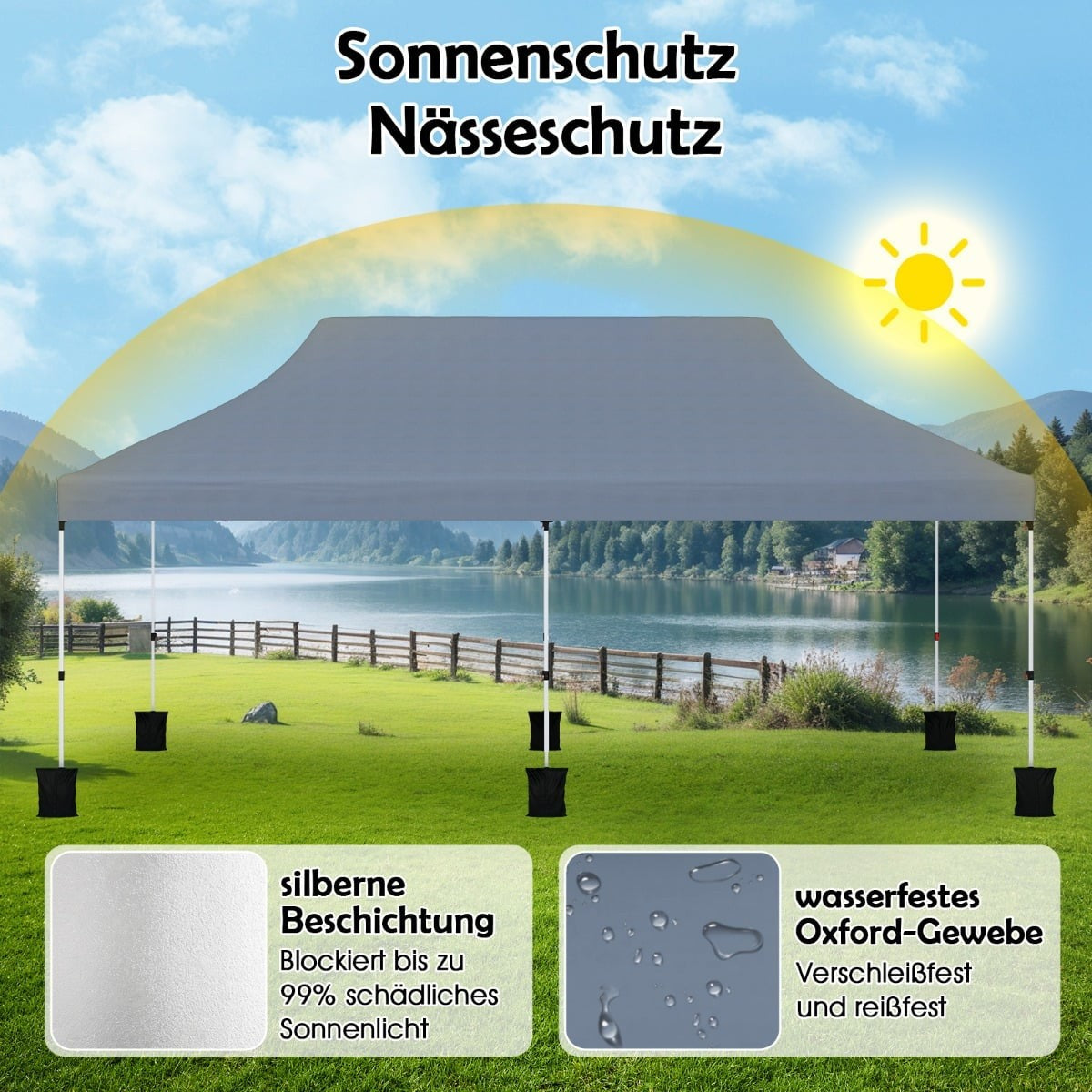 Pop-Up Canopy Tent 300x600 cm, Adjustable Height, Grey