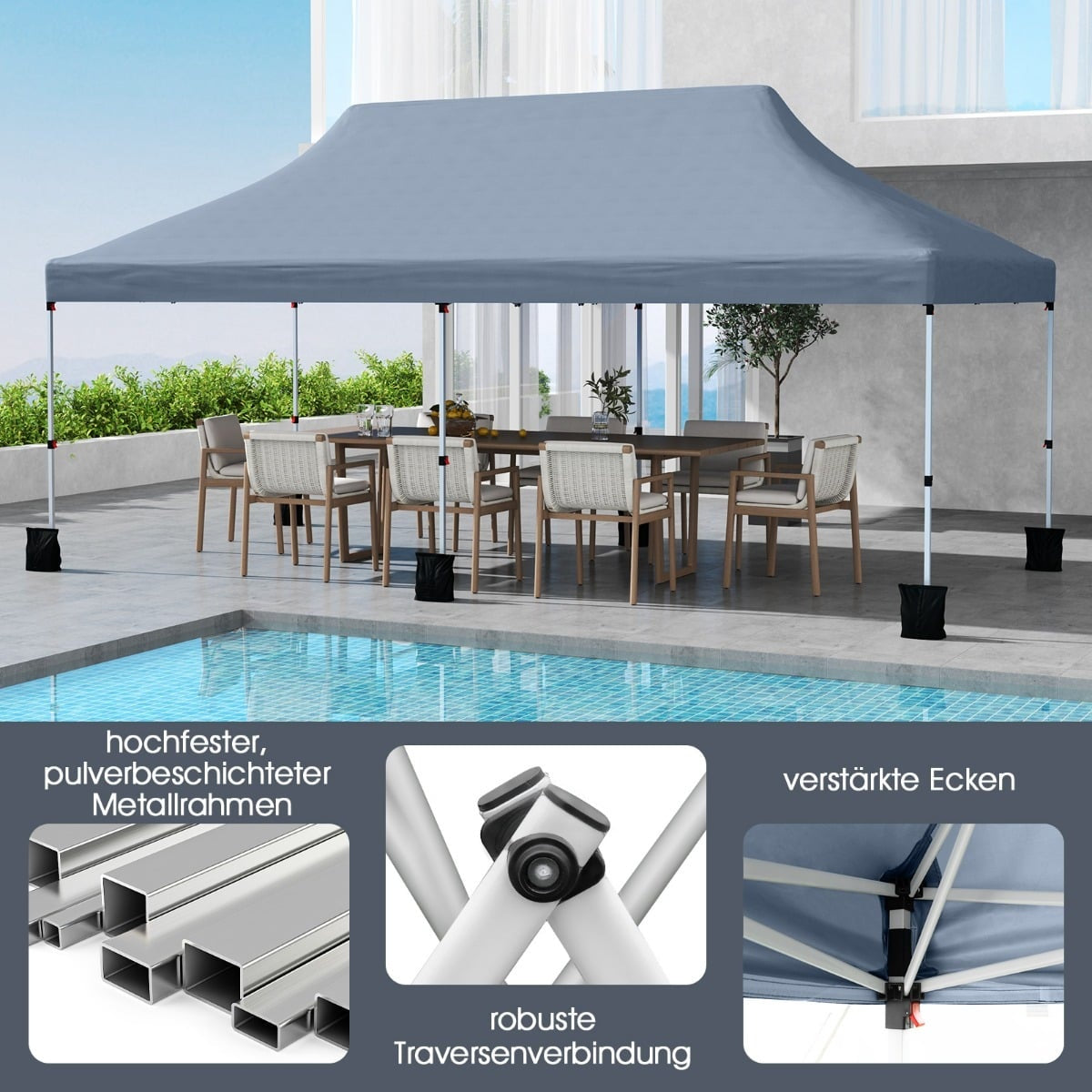 Pop-Up Canopy Tent 300x600 cm, Adjustable Height, Grey