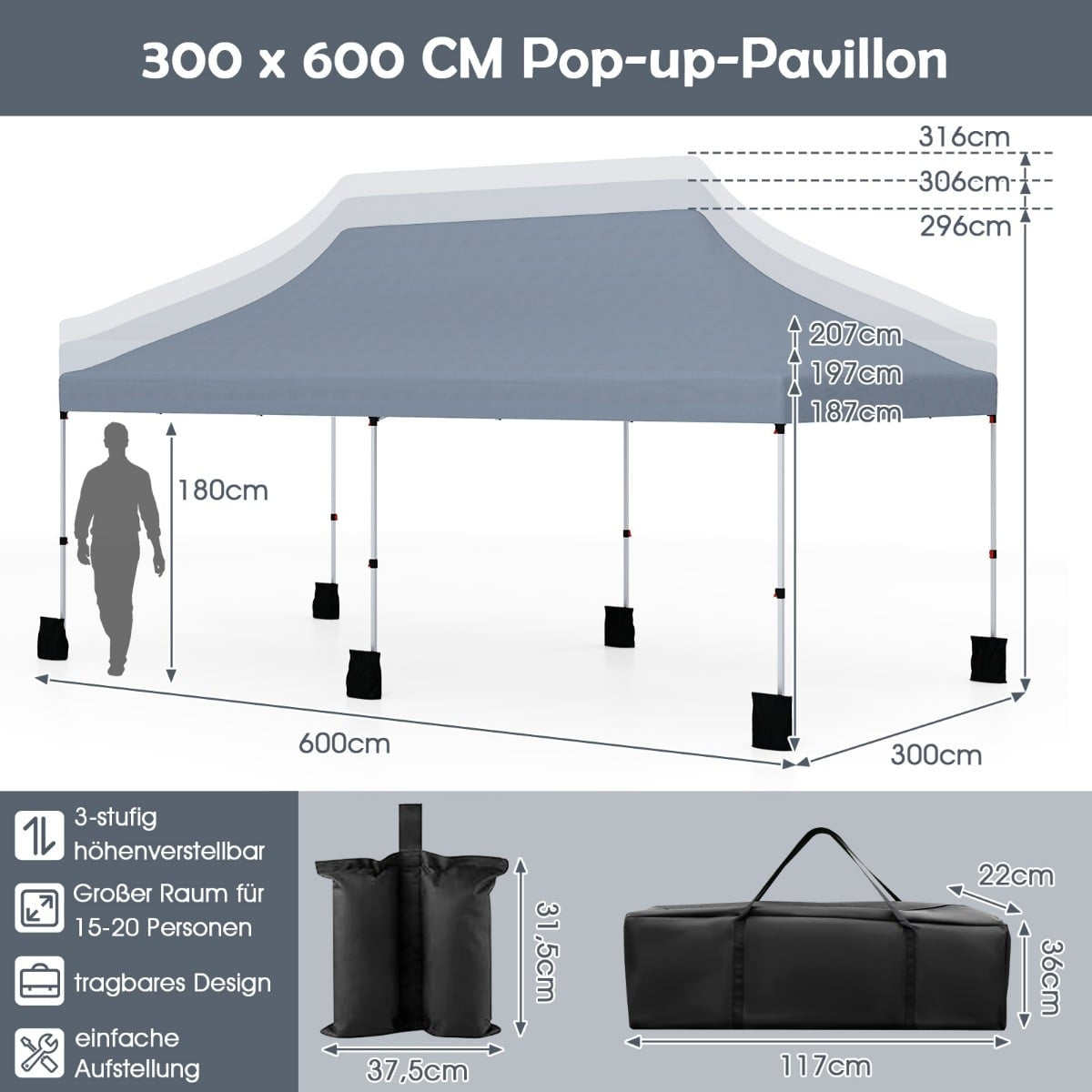 Pop-Up Canopy Tent 300x600 cm, Adjustable Height, Grey