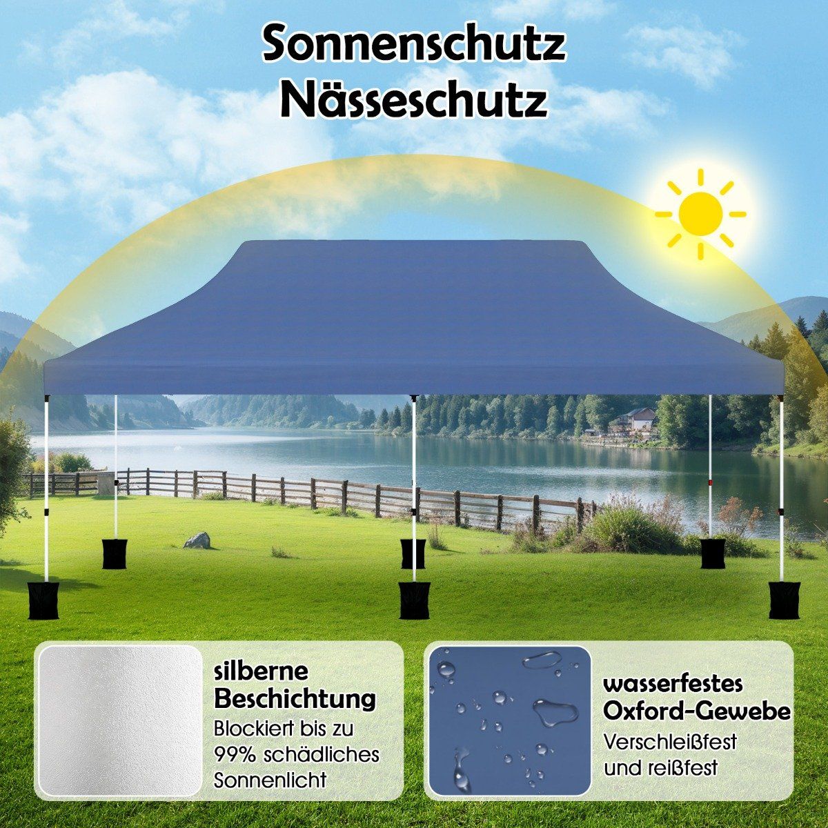 Pop-Up Canopy Tent 300x600 cm, Blue, Adjustable Height