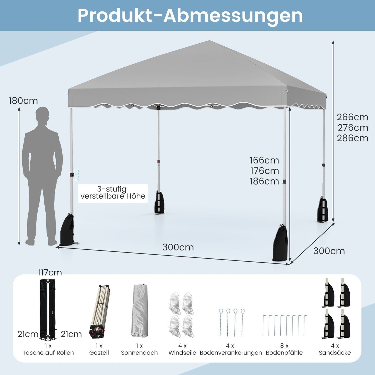 Pop-Up Canopy Tent 3x3m, Waterproof, Portable with Accessories