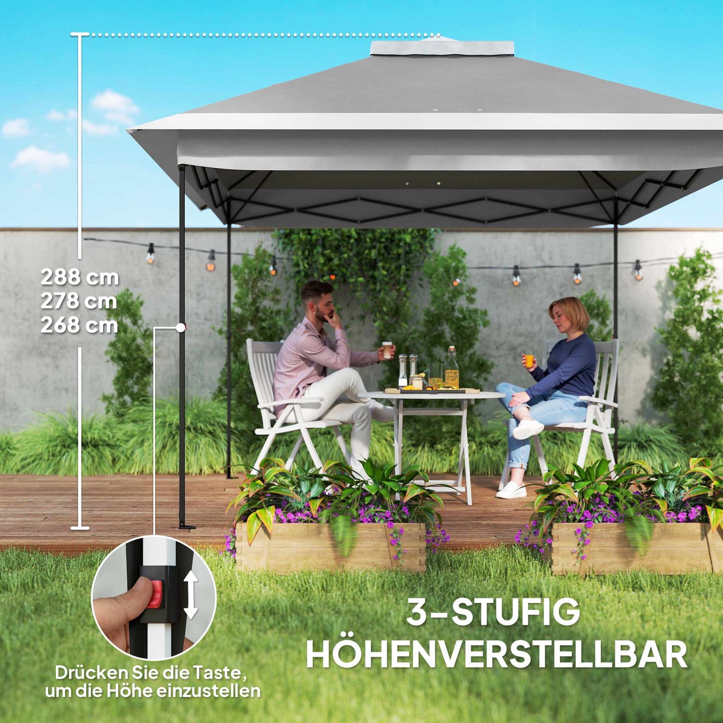 Pop-Up Garden Pavilion, Metal Frame, Grey, 330x330x288 cm
