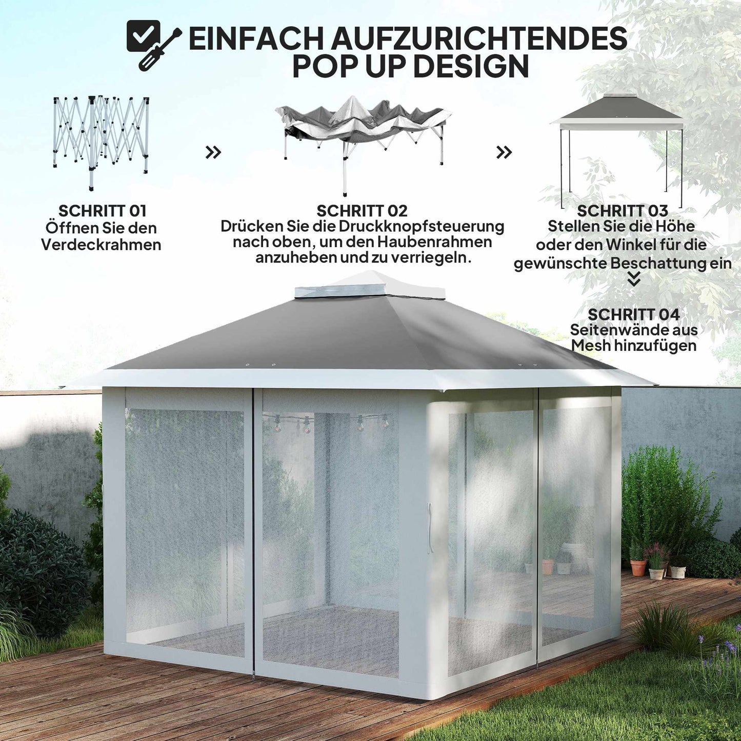 Pop-Up Garden Pavilion, Metal Frame, Grey, 330x330x288 cm
