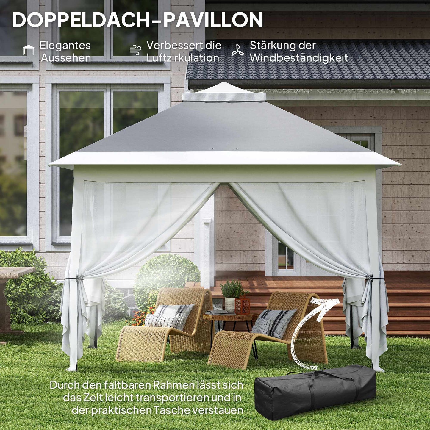 Pop-Up Garden Pavilion, Metal Frame, Grey, 330x330x288 cm