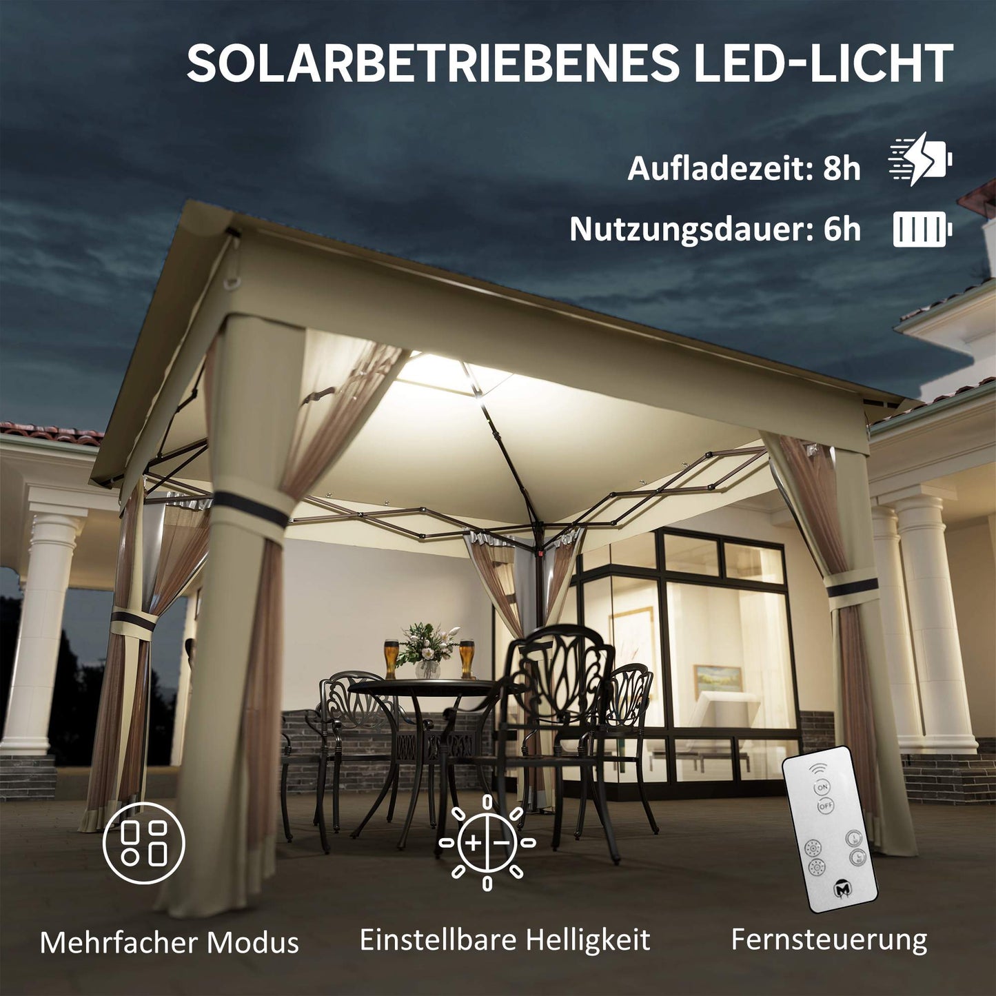 Pop-Up Gazebo 3.3x3.3m, Water-Resistant, LED, Mosquito Net