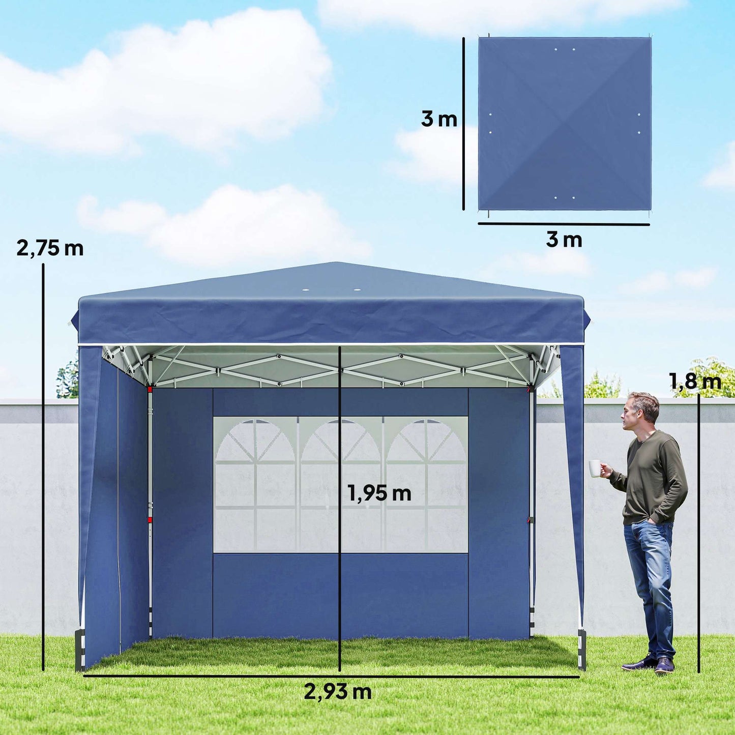 Pop-Up Gazebo 3x3m, Waterproof, Adjustable Height, Blue