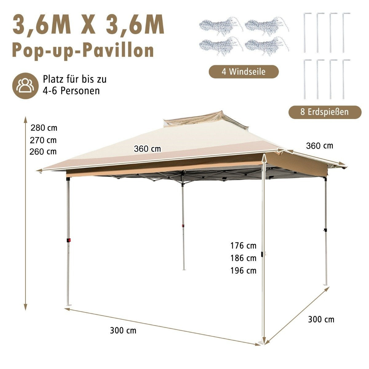 Pop-Up Gazebo with Mosquito Net, UV 50+, 3.6x3.6m, Khaki