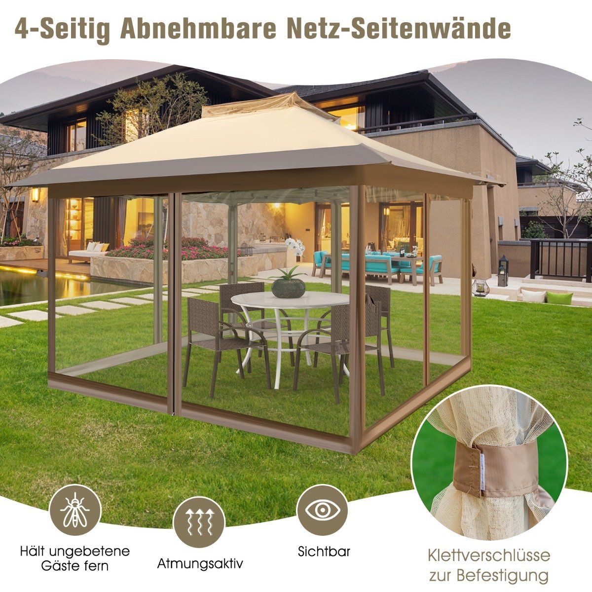 Pop-Up Gazebo with Mosquito Net, UV 50+, 3.6x3.6m, Khaki
