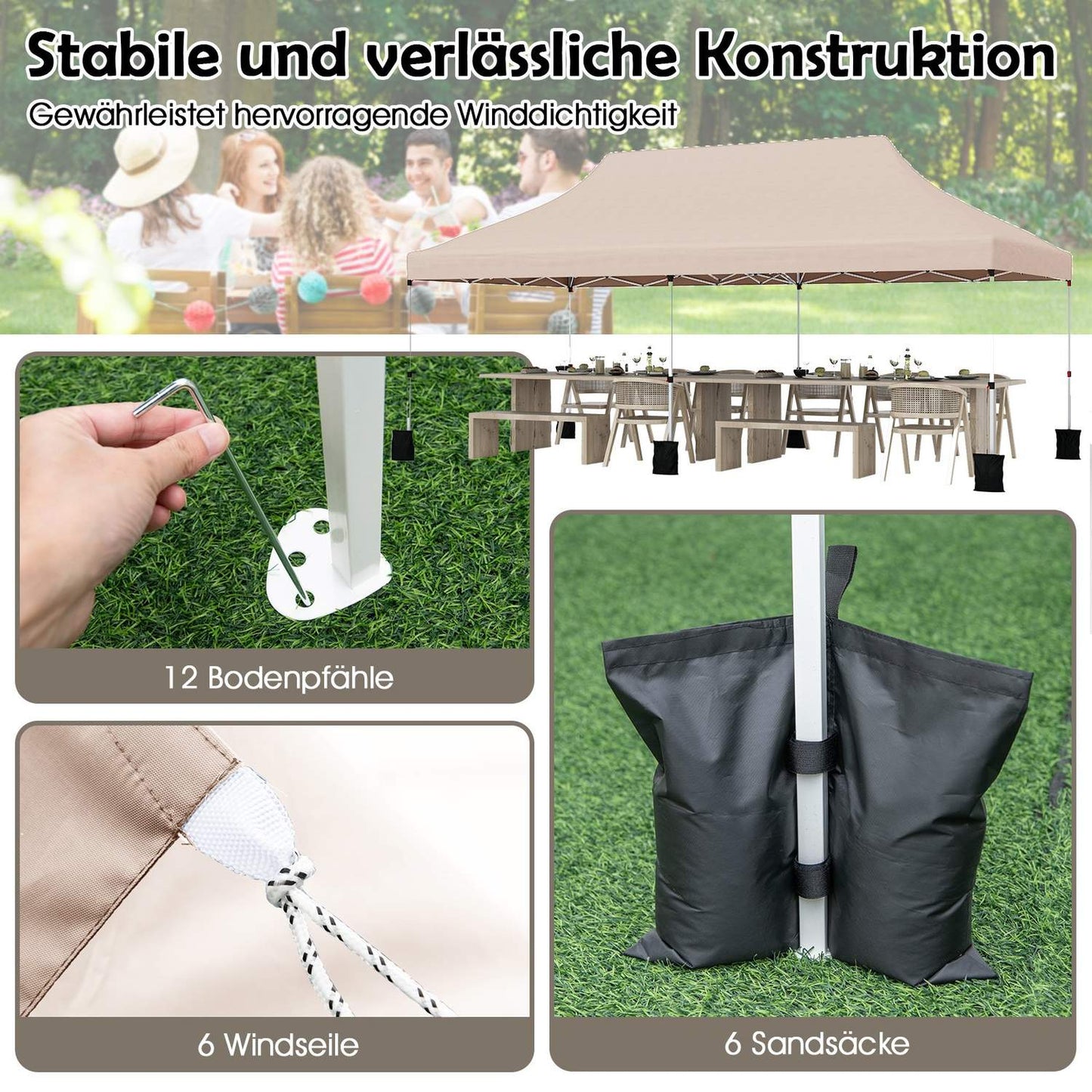 Pop-Up Pavilion 3x6m, Adjustable Height, Beige, UV Protection