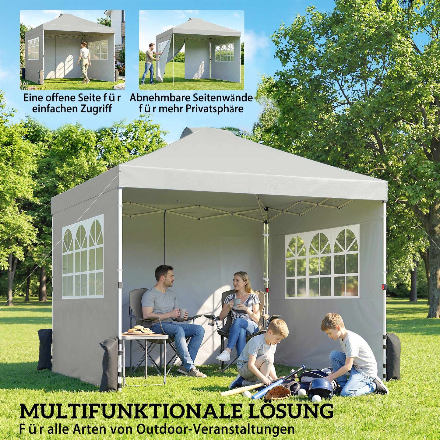 Pop-Up Pavilion, UV50+ Waterproof, 3 Sidewalls, Light Gray