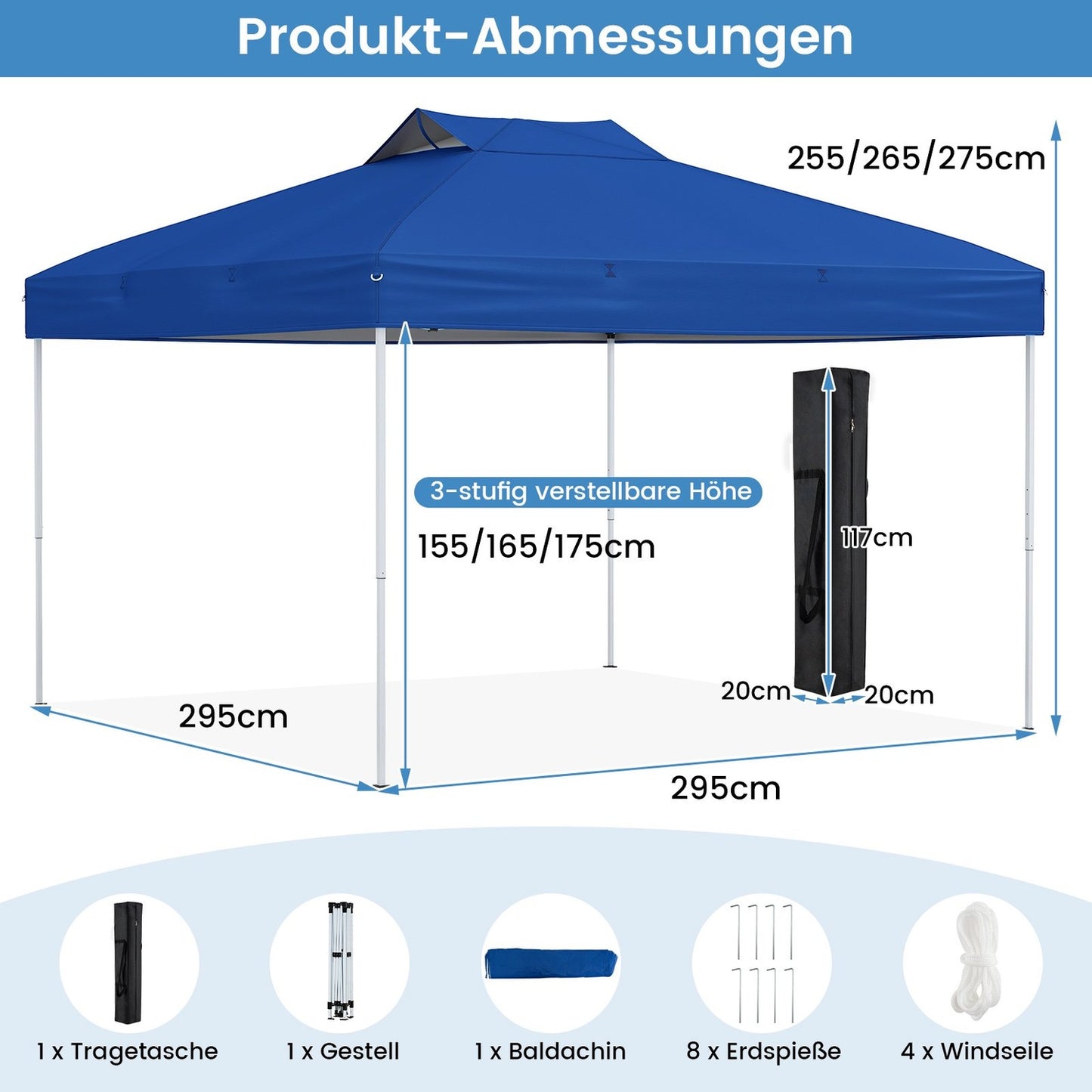 Pop-Up Pavilion, Waterproof UV 50+ Blue, 3x3m