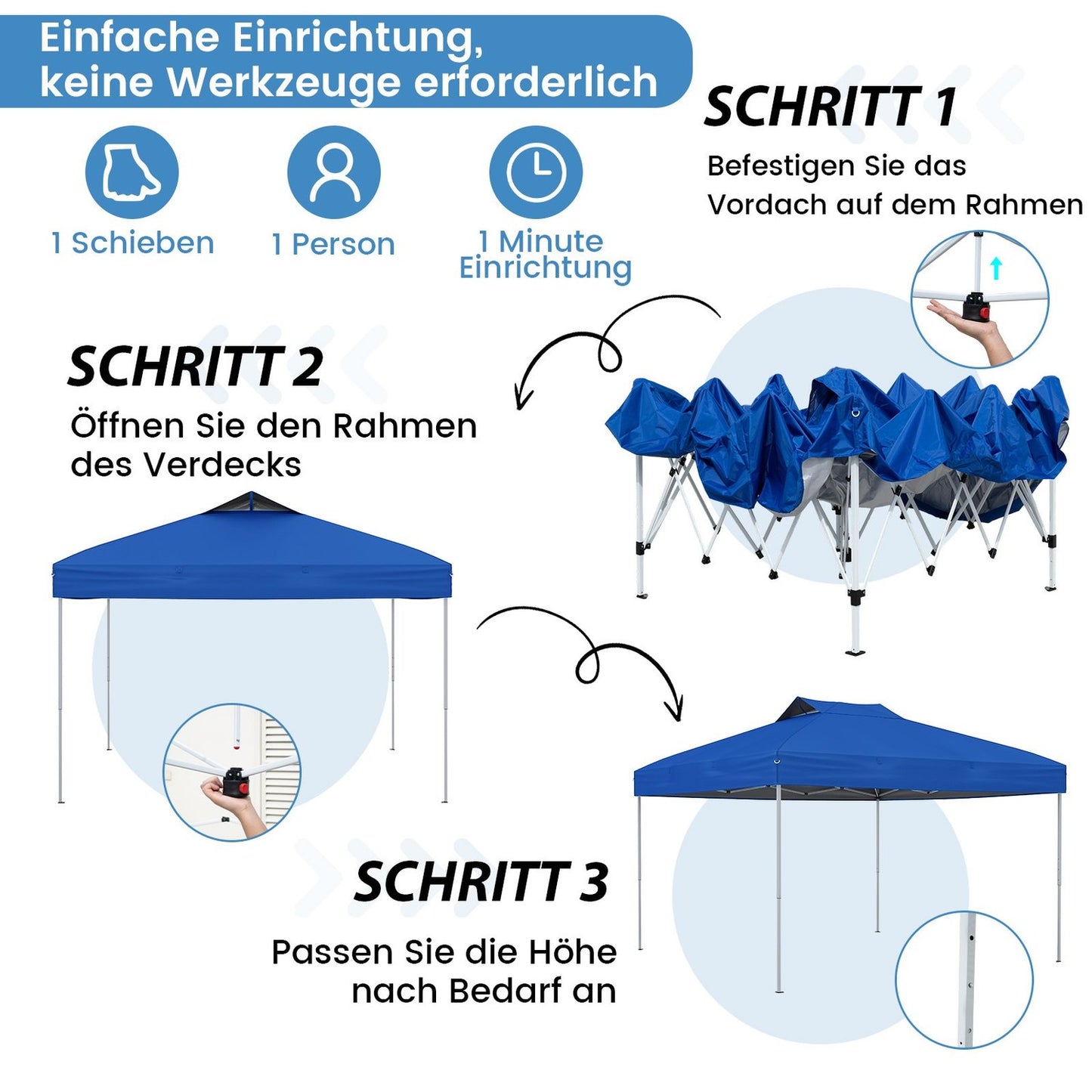 Pop-Up Pavilion, Waterproof UV 50+ Blue, 3x3m