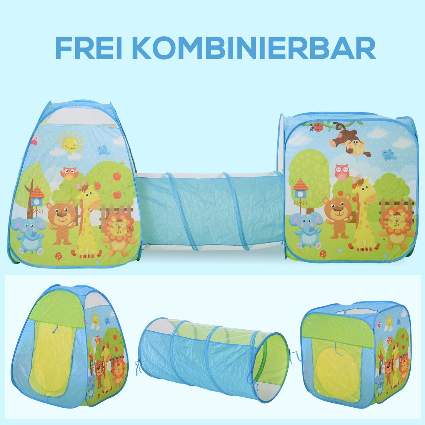 Children's play tent with 3-part folding tunnel, polyester fabric